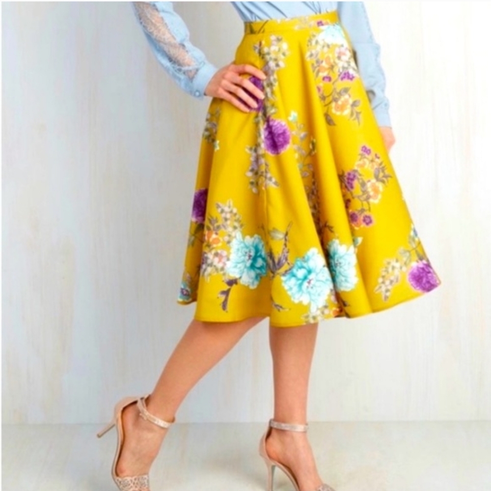 Modcloth Mustard Floral Circle Skirt